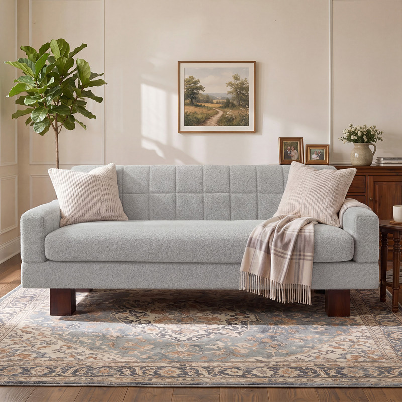 Upholstered 2-3 Seater Loveseat, Boucle Fabric Biscuit Backrest Sofa with Square Arms, Modern Couch with Solid Wood Legs