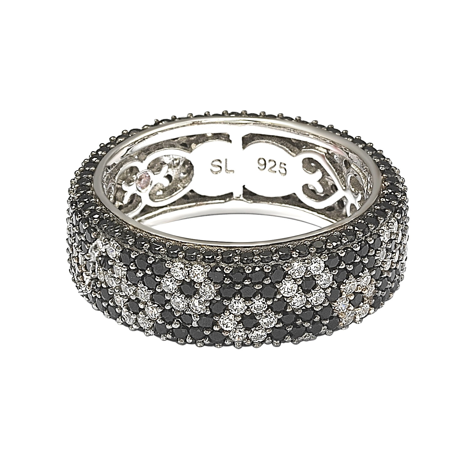 SL Collection Sterling Silver Cubic Zirconia White & Black Pave Flower Stackable Ring - Black White