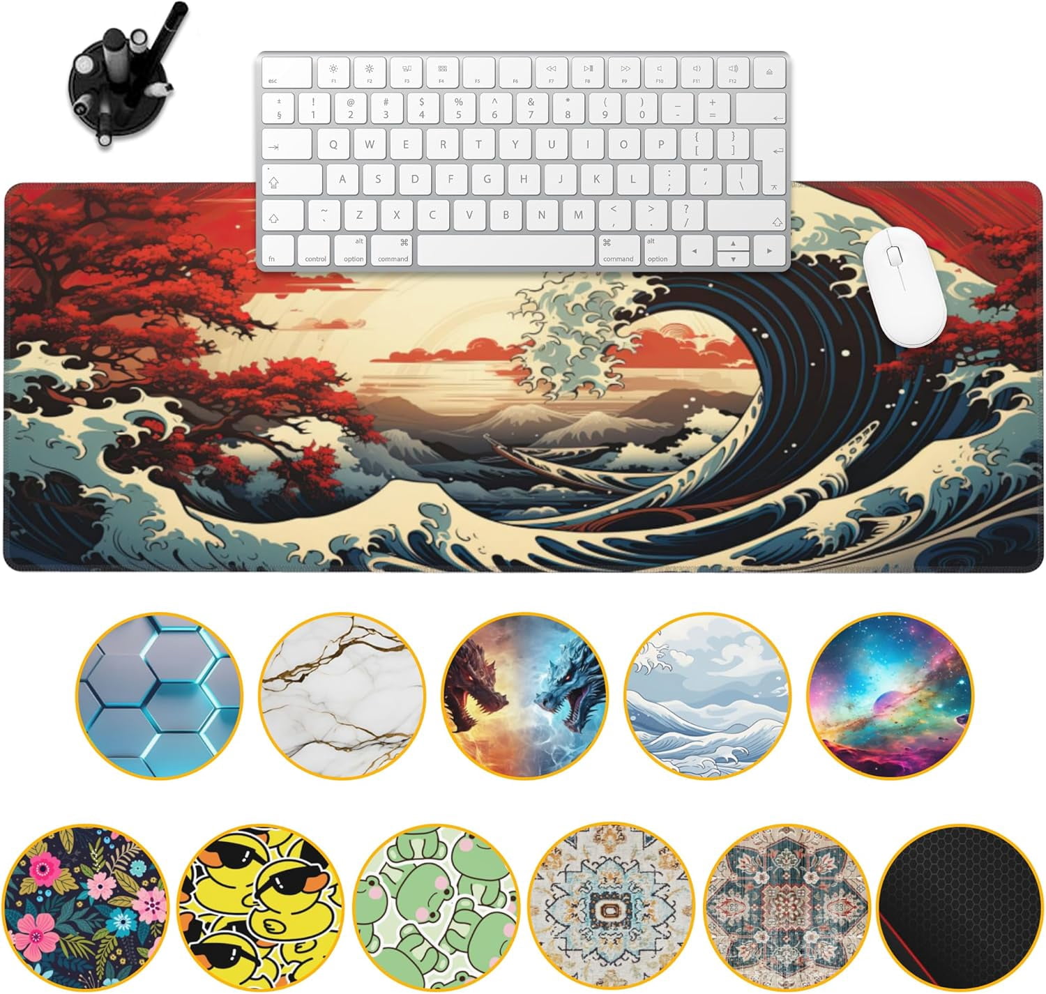 Japanese Sea Wave Gaming Mouse Pad,Sakura Sun Desk Pad,31.5"X15.7" Extended Gaming Mouse Pad Mat with Stitched Edge Non-Slip Base Big Mouse Pad for Office Keyboard Laptop