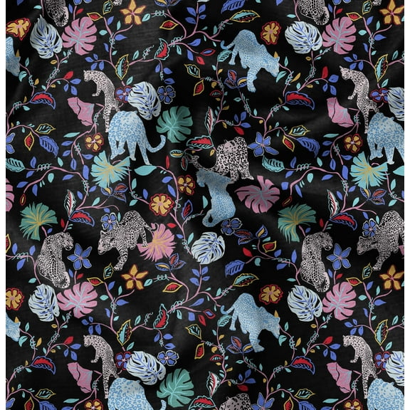 Soimoi Pure Silk Black Fabric By the Yard - 42 Inch Wide - Leopard Animal Print Textile - Stylish and Trendy Patterns for Apparel Printed Fabric