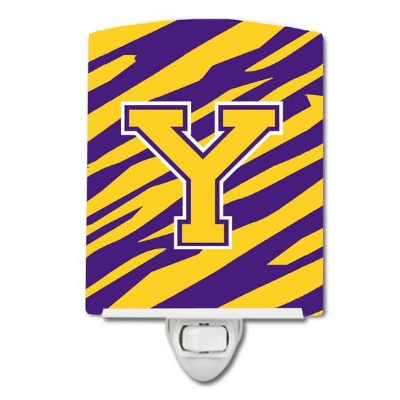 Letter Y Monogram - Tiger Stripe - Purple Gold Ceramic Night Light
