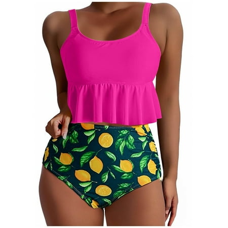 Atogsazn Womens Tankini Swimsuits Ruffled Tank Top Tummy Control Floral Modest Swimwear High Waisted Bikini 03-Hot Pink XL on Clearance