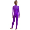thumbnail image 3 of Kaerm Kids Girls Mock Neck Dance Jumpsuit Sheer Mesh Figure Skating Bodysuit Shiny Rhinestones Full Body Leotard Purple 14, 3 of 5