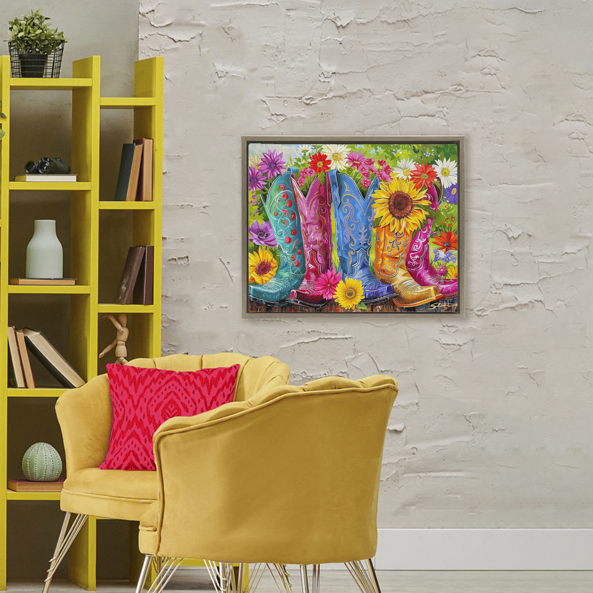 Cowboy Boots and Sunflowers Brown Framed Floater Canvas Wall Art, design by Shawna Stewart