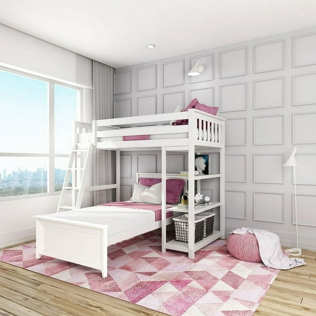Max & Lily Solid Wood L-Shaped Twin over Twin Bunk Bed with Bookcase for Kids, Grey