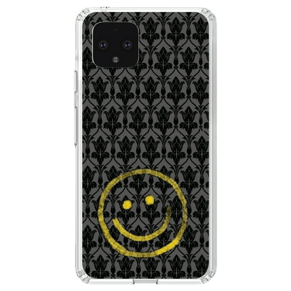 DistinctInk Clear Shockproof Hybrid Case for Google Pixel 4 XL (6.3" Screen) - TPU Bumper, Acrylic Back, Tempered Glass Screen Protector - Yellow Smiley Face Black Grey Damask
