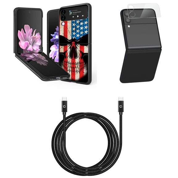 Bemz Premium Bundle for Samsung Galaxy Z Flip 3 5G: Slim Snap-On Protector Case (American Flag Skull), Rear Camera Glass Protector, Nylon Braided USB-C to USB-C Cable (4 Feet)