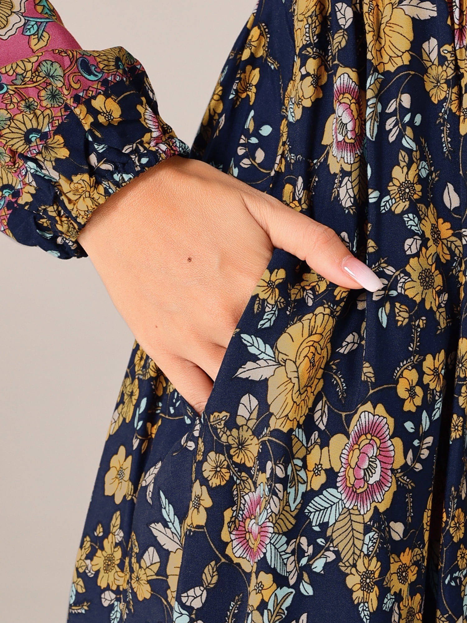 DARING DIVA Floral Elastic Waist Split A-Line Midi Dress M Blue