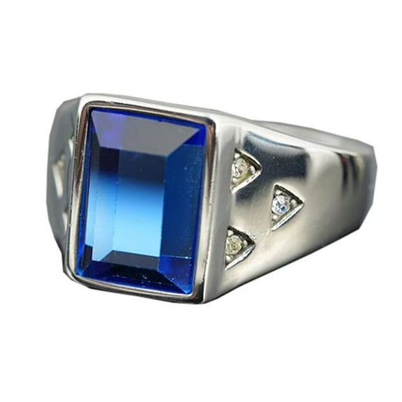 PAMTIER Unisex Stainless Steel Simple Classic Square Cut Blue Gemstone Signet Wedding Ring with Triangles Pattern Crystal Inlay Comfort Fit Size 7