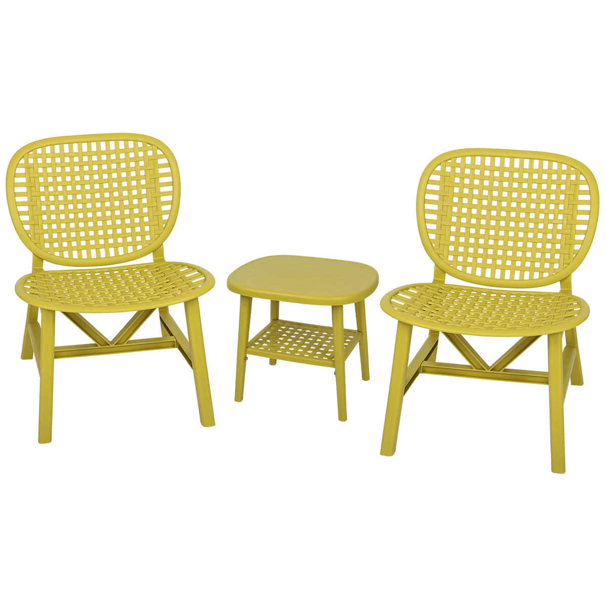 3Pcs Patio Table Chair Set, Bistro Set Hollow Conversation Coffee Table Set with 1 End Table & 2 Lounge Chairs, All Weather Outdoor Patio Chair with Widened Seat for Balcony Garden Yard, Yellow - image 2 of 7
