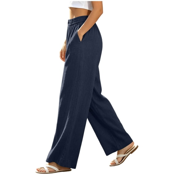 Mifsaly Lightweight Summer Pants Women High Waisted Wide Leg Flowy Linen Pant with Pockets Comfortable Relaxed Fit Work Travel Office Casual Clothes Navy,XXL
