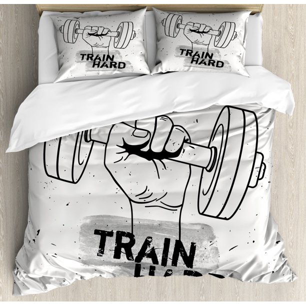 Fitness Duvet Cover Set King Size Hand Holding A Dumbbell Grunge Sketch Get Strong Train Hard Ilration Decorative 3 Piece Bedding With 2 Pillow Shams Black Silver White By Ambesonne Piece Bedding Set With 2 Pillow Shams, Black Silver King Size Bedding