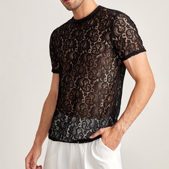 ZHOGXU Mens T Shirt Summer Short Sleeved Crew Neck Hollow Out Lace Comfortable Breathable Top For Casual Daily Wear,Black,L
