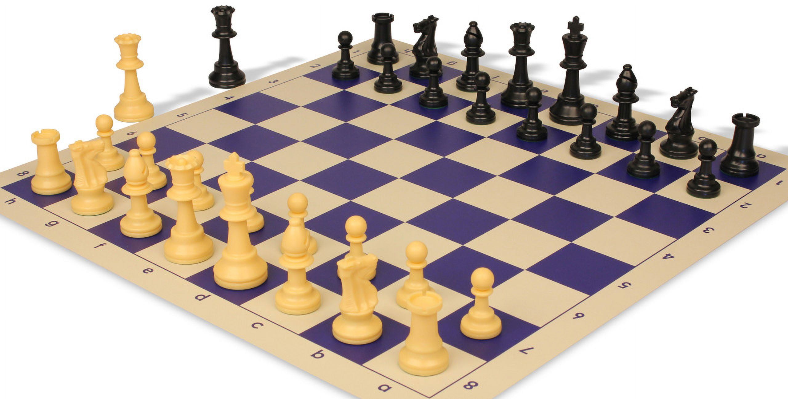Standard Club Easy-Carry Plastic Chess Set - Black & Camel Pieces with Vinyl Rollup Board - Blue