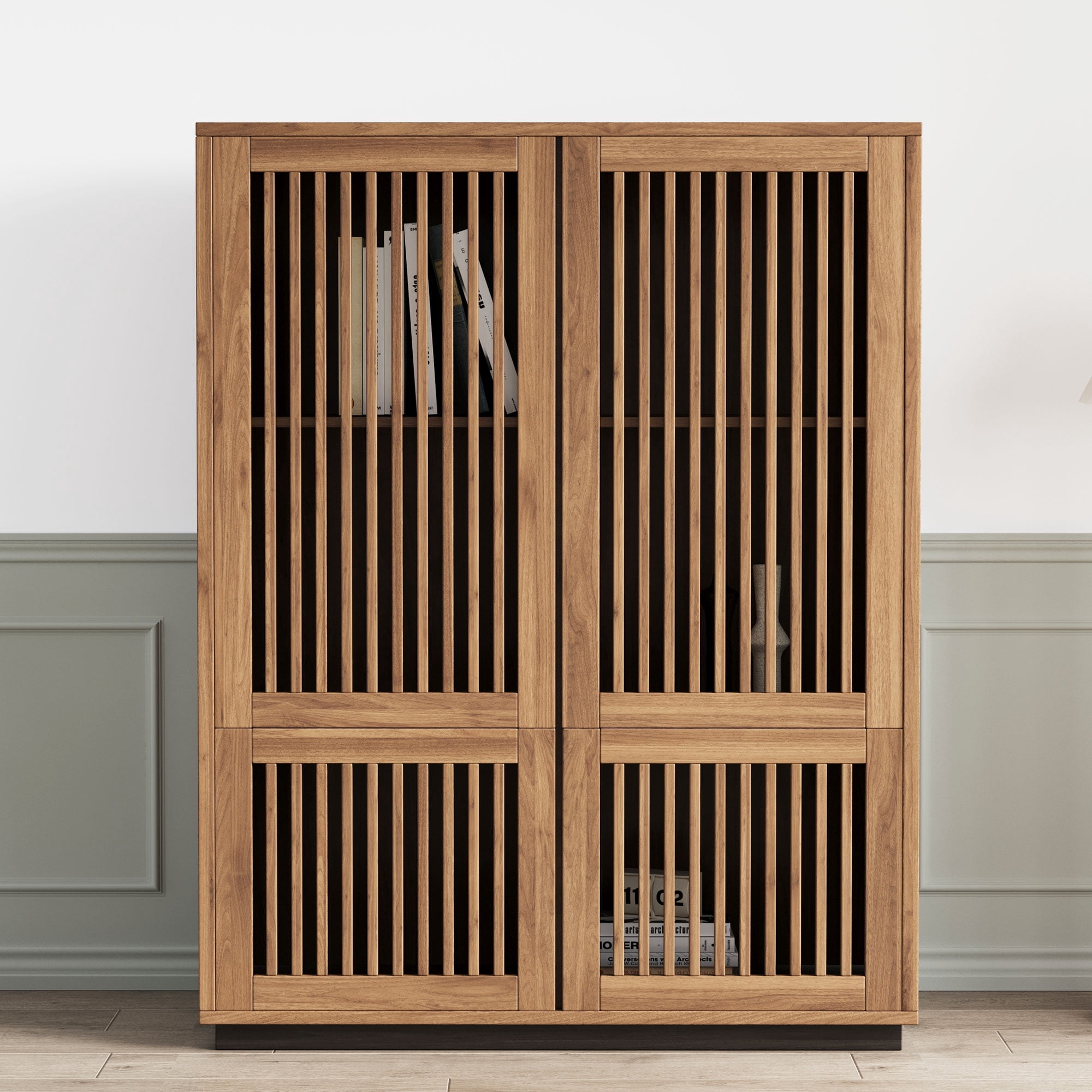 NessCarsti Modern Storage Cabinet, 4 Doors, Shelves, Walnut Brown, 34.84"