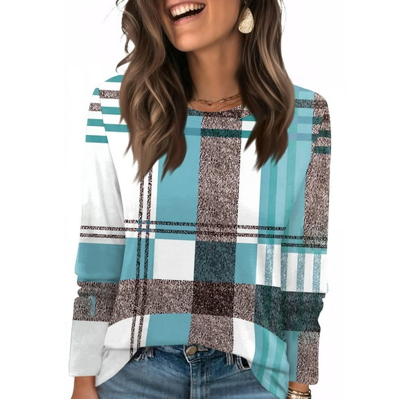 LTTVQM Womens Shirts Long Sleeve Color Block Casual Crew Neck T-Shirts Loose Fit Blouses Spring Fall Fashion Clothing Light Blue M