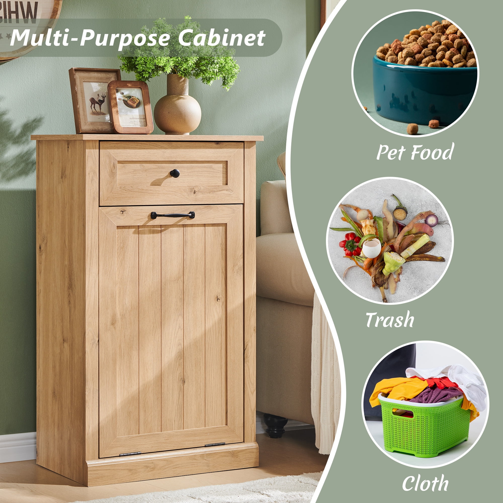 Tilt Out Trash Cabinet, 10 Gallon Farmhouse Laundry Hamper Cabinet with Drawers, Storage Basket for Kitchen, Living Room, Natural