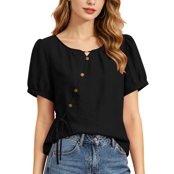 jjayotai Plus Size Womens Summer Tops Asymmetrical Button Short Sleeve Shirts Loose Fitted Tie Waist Tops Trendy Casual Vacation Blouse