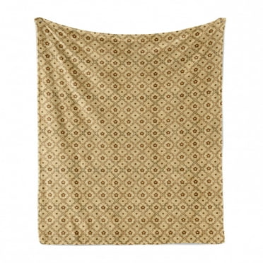 Retro Soft Flannel Fleece Throw Blanket, Retro Diamond Form Leaves Pattern with Curvy Shapes and Silhouette Daisies, Cozy Plush for Indoor and Outdoor Use, 50" x 70", Caramel and Beige, by Ambesonne