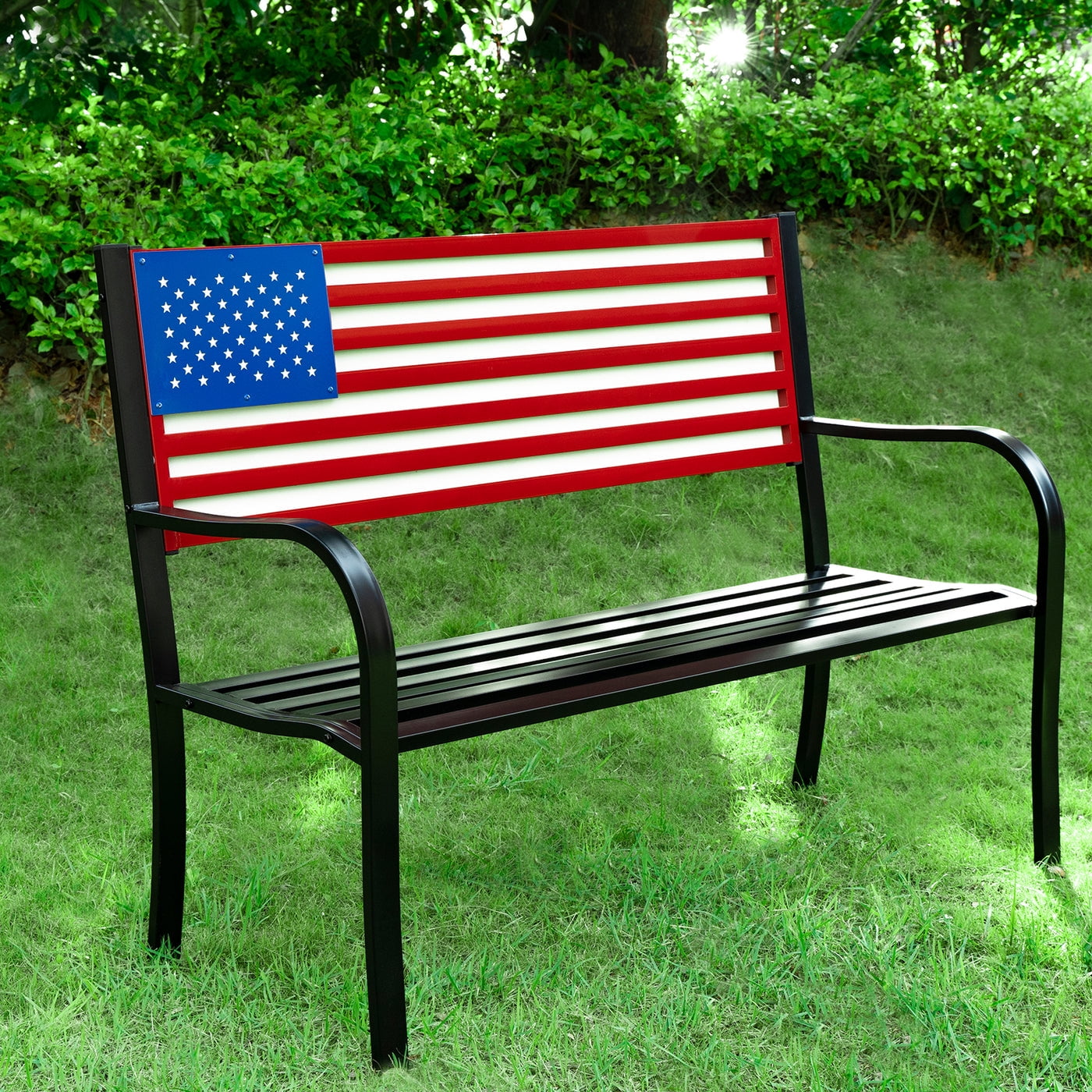 Backyard Expressions Metal American Flag Patio Garden Outdoor Bench Red White Blue