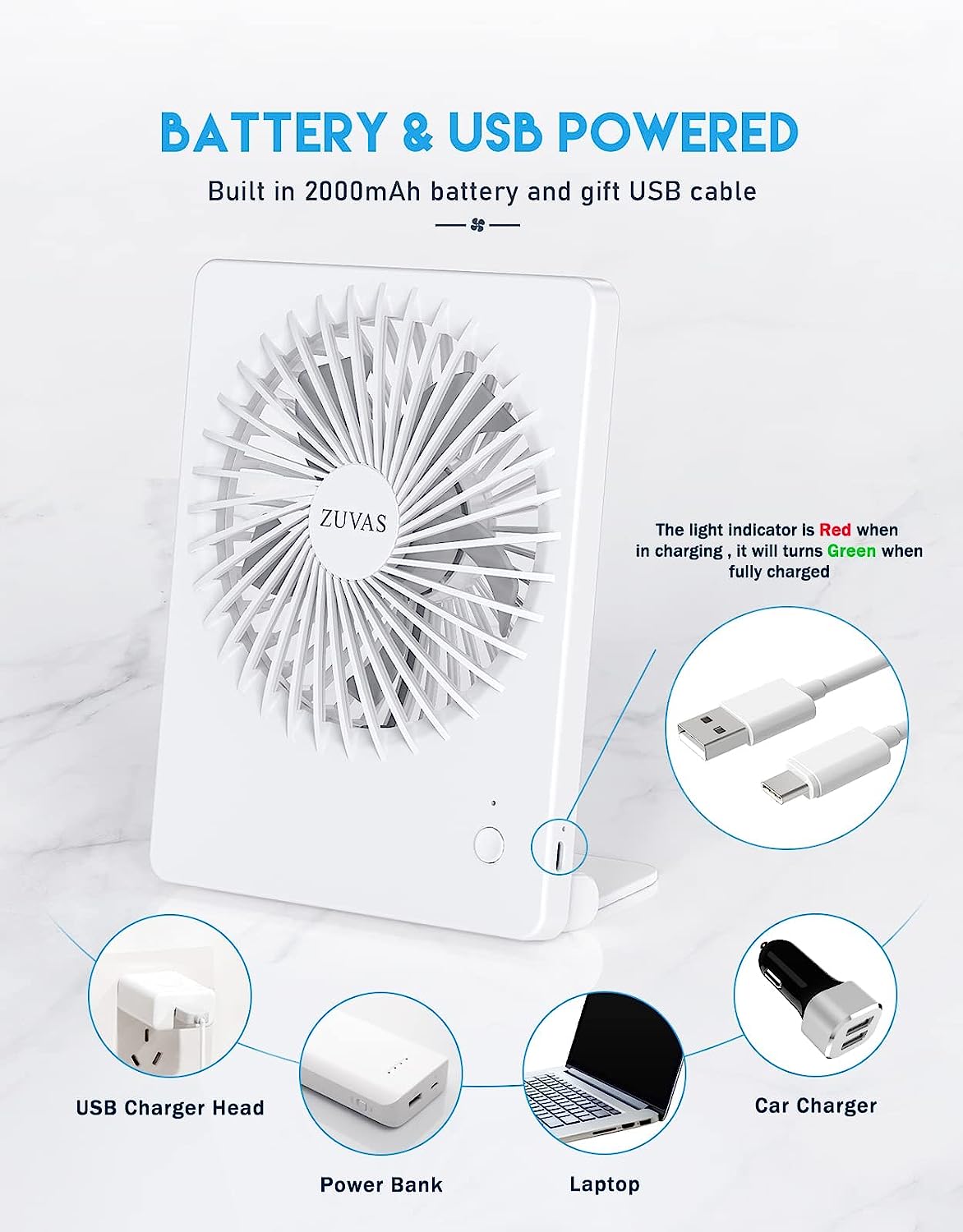 Zuvas 3 Speed Portable Rechargeable USB Fan