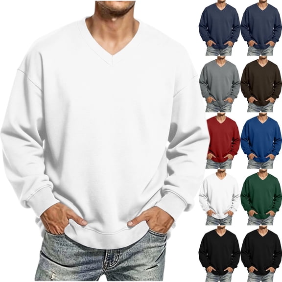 Men's V Neck Sweatshirt, Loose Drop Shoulder Long Sleeve Pullover Hoodless Casual Top for Fall Winter Sports Daily Outdoor Wear