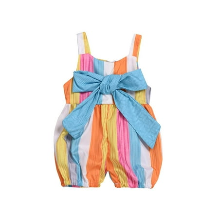 

Infant Baby Girls Summer Suspenders Bodysuits Fashion Rainbow Stripe Crawling Clothes Lovely Bow Knot lantern Shorts One-piece Romper