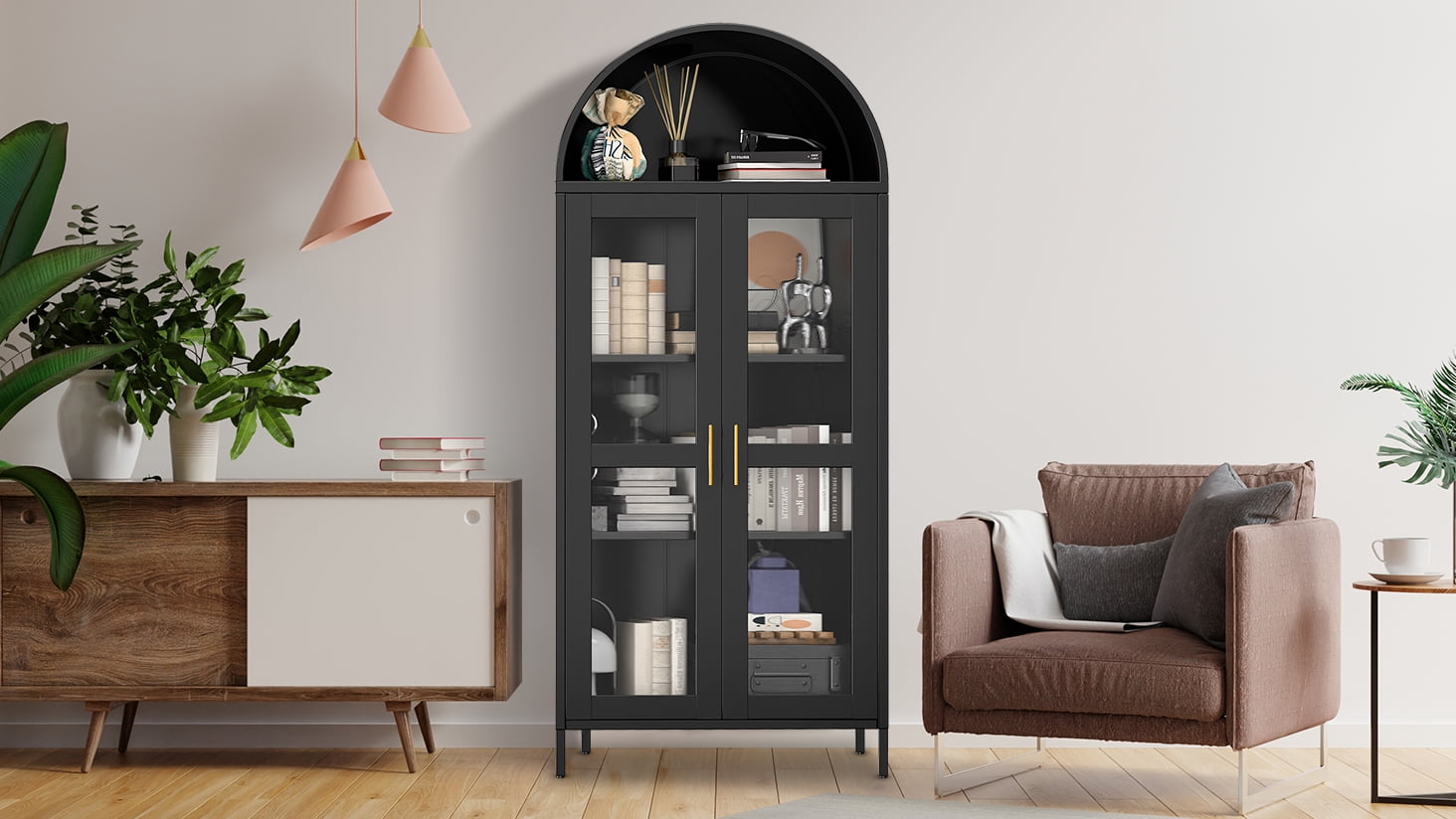 73'' Arched Kitchen Pantry Storage Cabinet with Doors/Shelves, Black Arched Bookcase Display Cabinet for Home Office Bar Living Room, Assemble Require