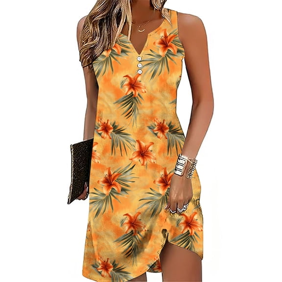 Ayolanni Sleeveless Sundresses for Women V-Neck Tropical Hawaii Beach Midi Tank Dress Off the Shoulder Loose Ladies Button Sundress Multicolor L