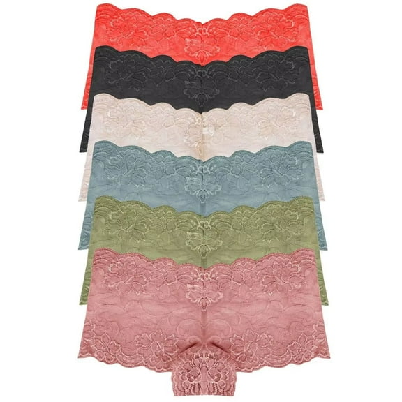 RUNYA Womens Lace Boyshort Panties Lingerie Underwear Briefs, Pack of 6
