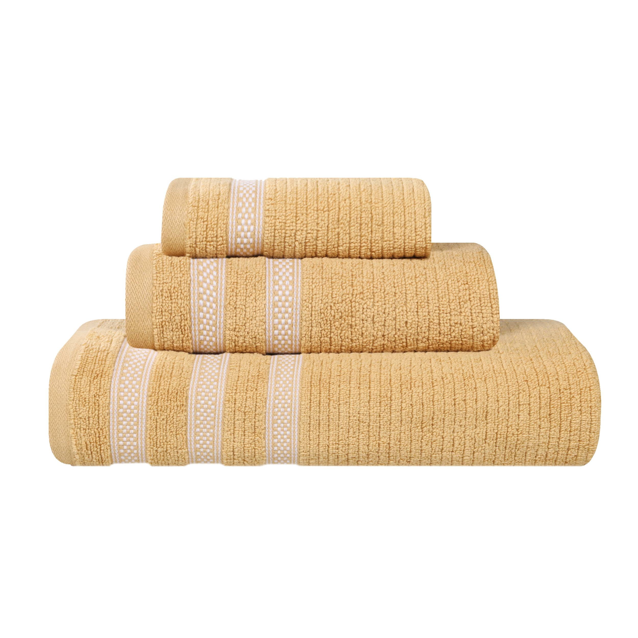 Superior Zero Twist Cotton Ribbed Geometric 3-Piece Towel Set, Ultra Soft Quick Dry, Gold