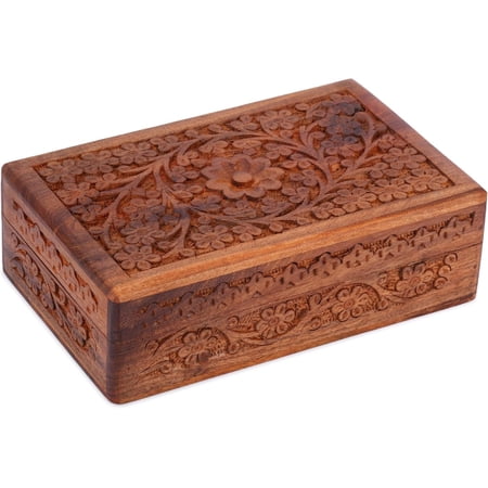 Wooden Box Hand Carved Flower Chest - 8x5 Inch