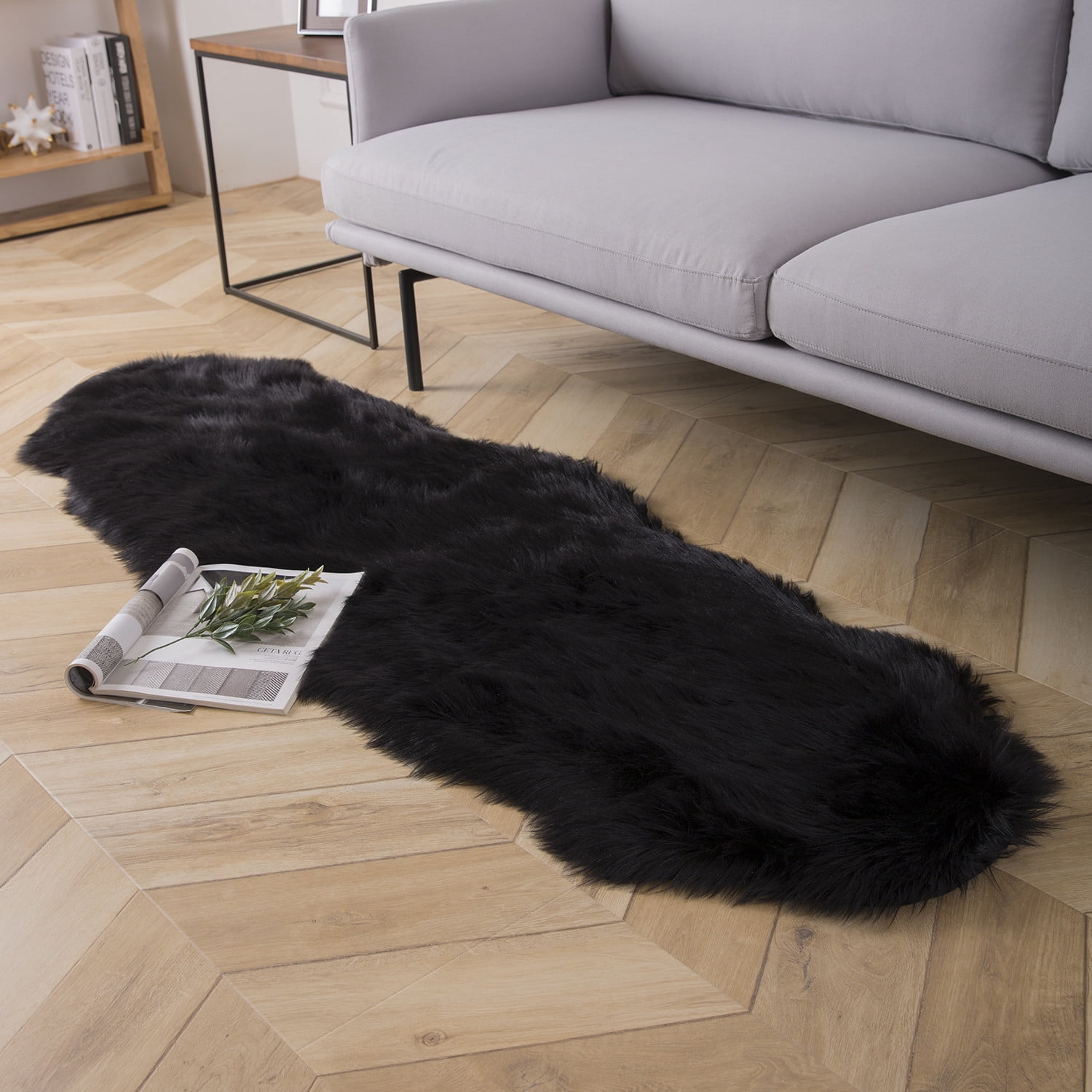 Phantoscope Designer's Choice Faux Fur Decorative Throw Pillow + Area Rug Bundle, 18" x 18"/ 2' x 6', Black, 2 Pillows + 1 Rug