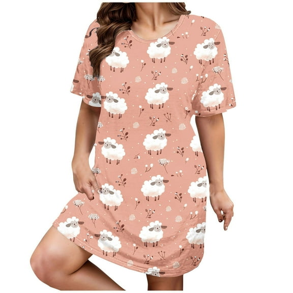 Aboser Womens Nightshirts Plus Size Short Sleeve Sleepdress Cute Cartoon Sheep Print Nightgown Loose Fit Midi Pajama Dress Comfy Soft Crewneck Loungewear