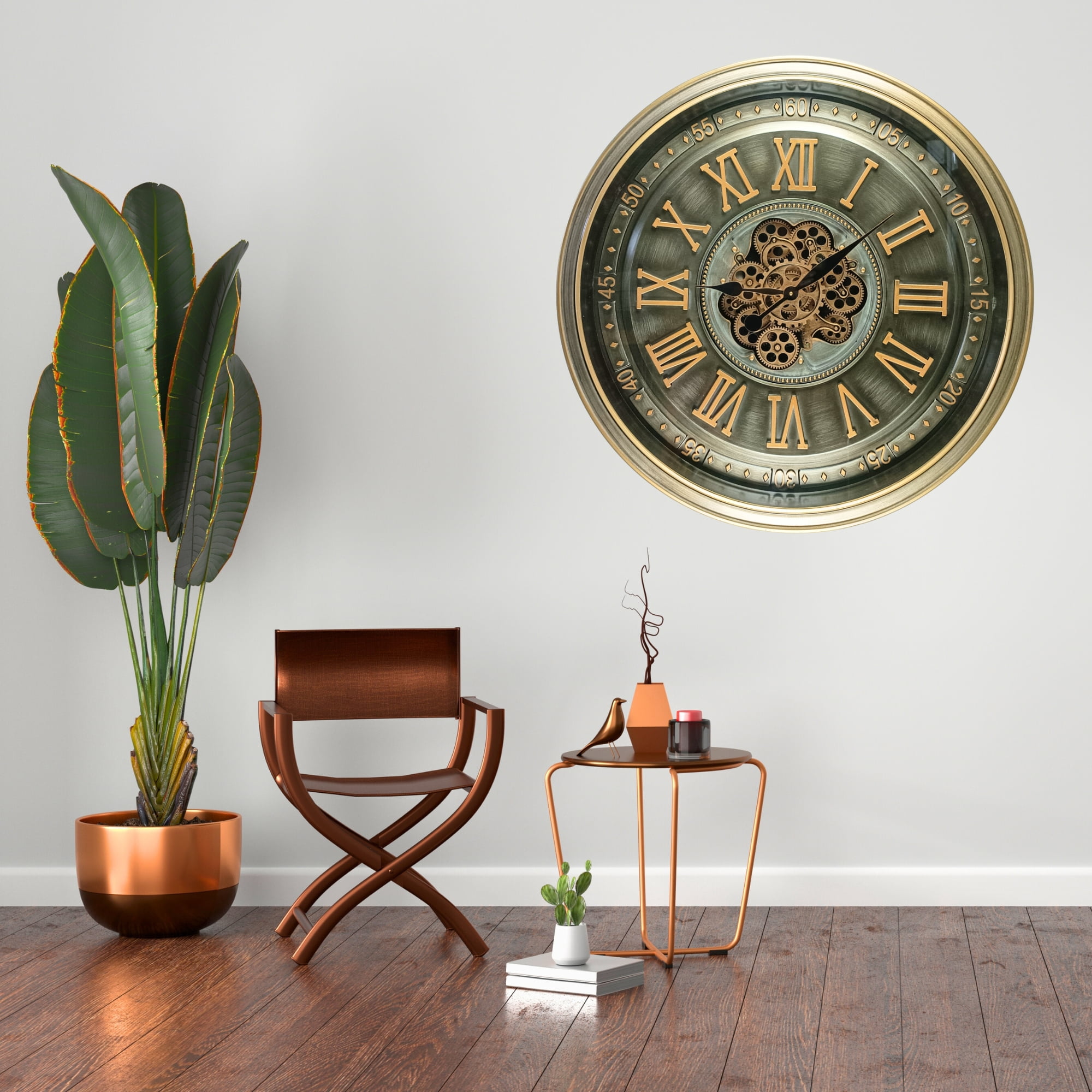 THE GEARS CLOCK Wall Clock with Real Moving Gears IR-LI_ 32 in Round BRASS-ANTIQUE
