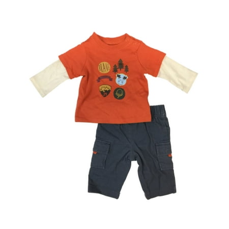 Infant Boys Brave Little Guy Baby Outfit Orange Moose Shirt & Gray Pants Set