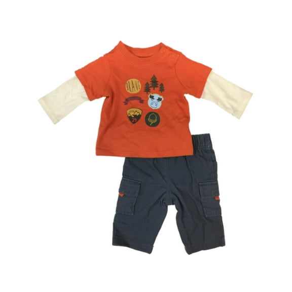 Infant Boys Brave Little Guy Baby Outfit Orange Moose Shirt & Gray Pants Set 3-6m