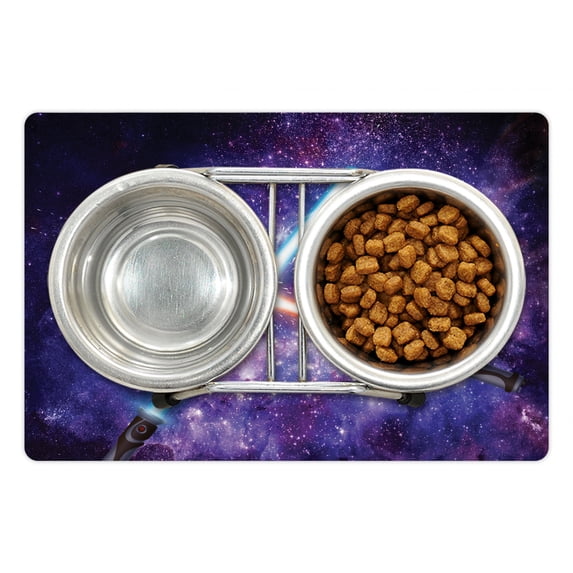 Galaxy Pet Mat for Food and Water, Illustration in Starry Sky Outer Space Themed Illustration, Non-Slip Rubber Mat for Dogs and Cats, 18" X 12", by Ambesonne
