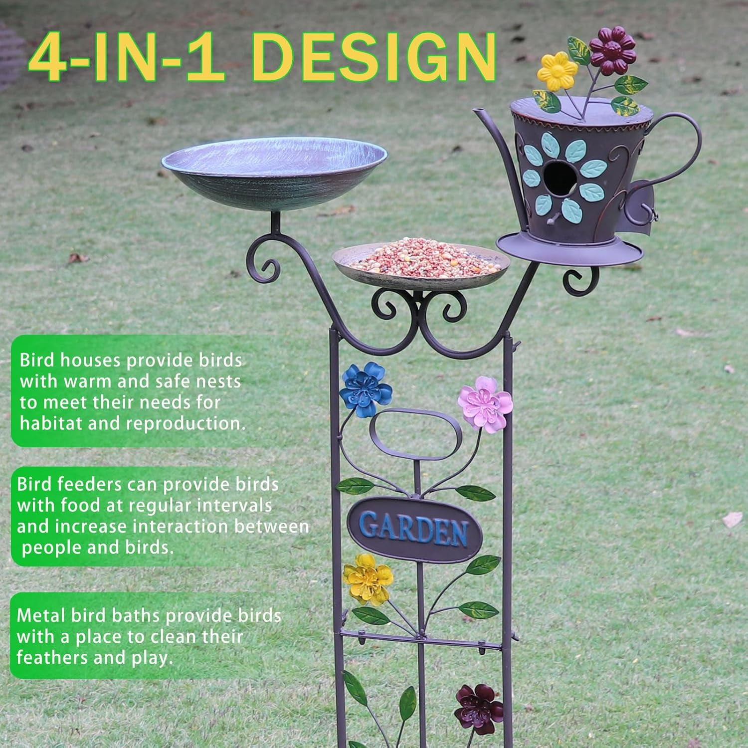 50.5" H Bird Bath and Metal Birdhouses for Outdoors,Metal Standing Bird Bath Feeder and Climbing Plant Trellis 4-in-1,Garden Yard Decor