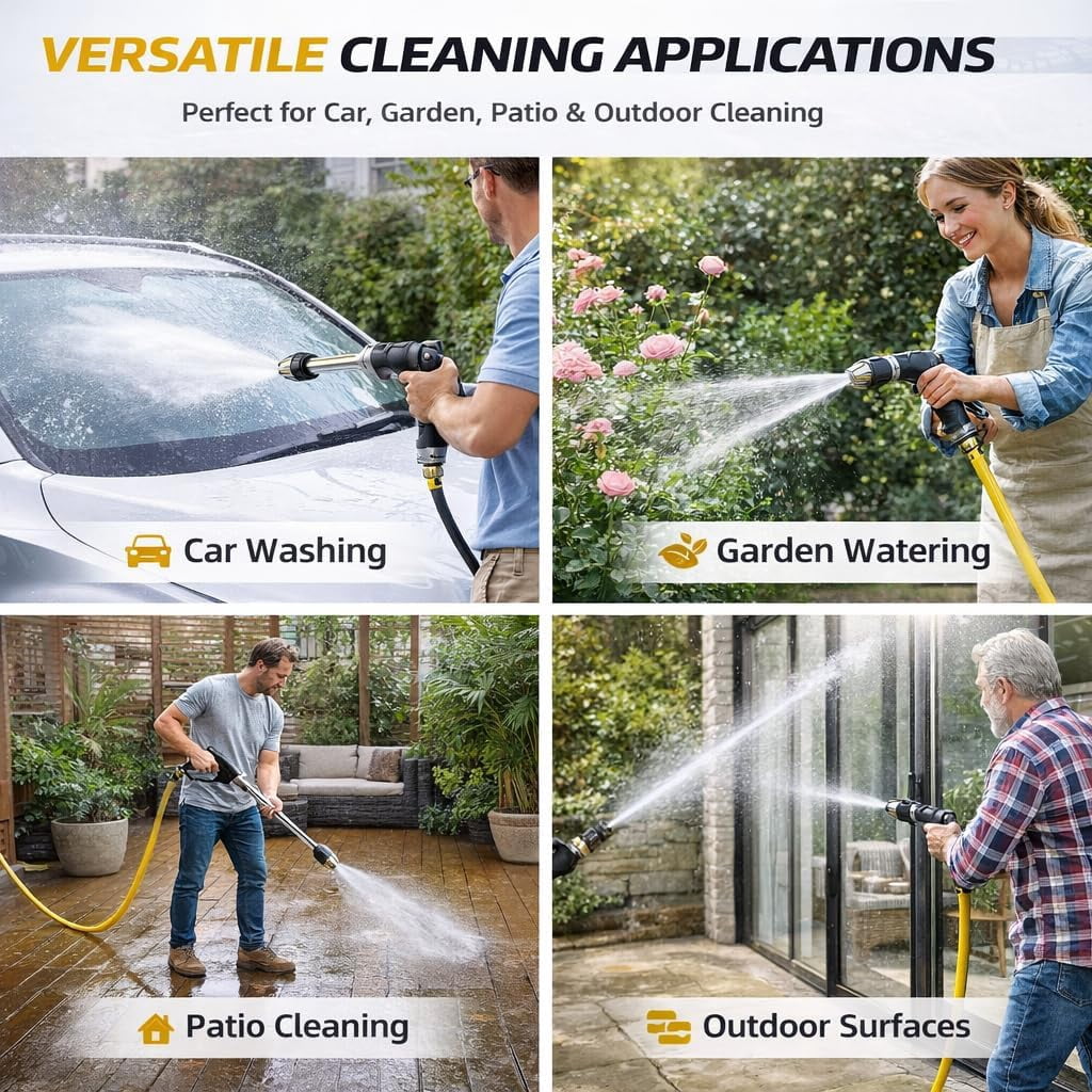 Cordless Pressure Washer, Stainless Steel Power Washer Wand with 360° Rotating Nozzle, 3 Spray Modes, Universal Hose Compatible for Car, Patio & Garden Cleaning (B) B