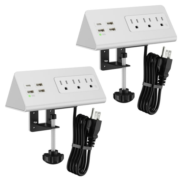 2-Pack Desk Edge Clamp Mount Power Strips with USB Ports, 3*AC Outlets Power Strips for Nightstand, PD 20W USB-C Port Charging Station with 6Ft Extension Cord,White