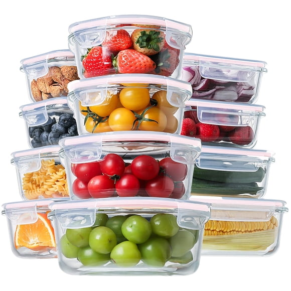 Recipientes de vidrio para almacenamiento de alimentos HOMBERKING, 24 piezas con tapas, color rosa