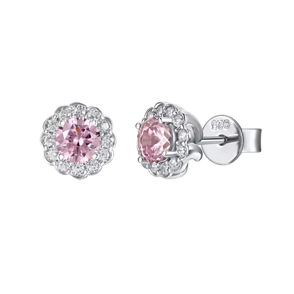 Sterling Silver Pave Halo Stud Pink CZ White Rhodoium Earrings For Women