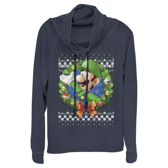 Junior's Nintendo Christmas Luigi Wreath  Cowl Neck Sweatshirt Navy Blue 4X Large