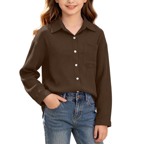 yillto Girls Button down Shirts Long Sleeve Loose Tops Collared V Neck Casual Fall Tees Clothes