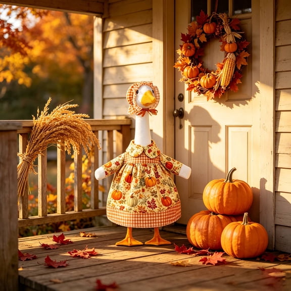 Thanksgiving Halloween Porch Goose Clothes, 25 Inch Garden Goose Outfit with Hat, Fall Harvest Lawn Decor, Outdoor Yard Patio Ornament