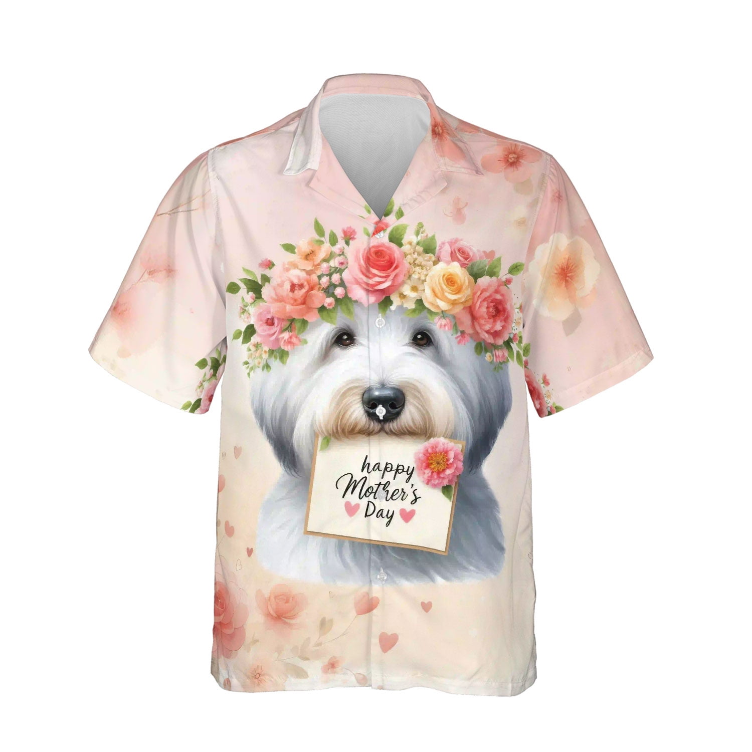 Happy Mother s Day Old English Sheepdog with Flower Crown and Greeting Card Hawaiian Shirt Breathable Summer Unisex Merch Dog Lover - 13004