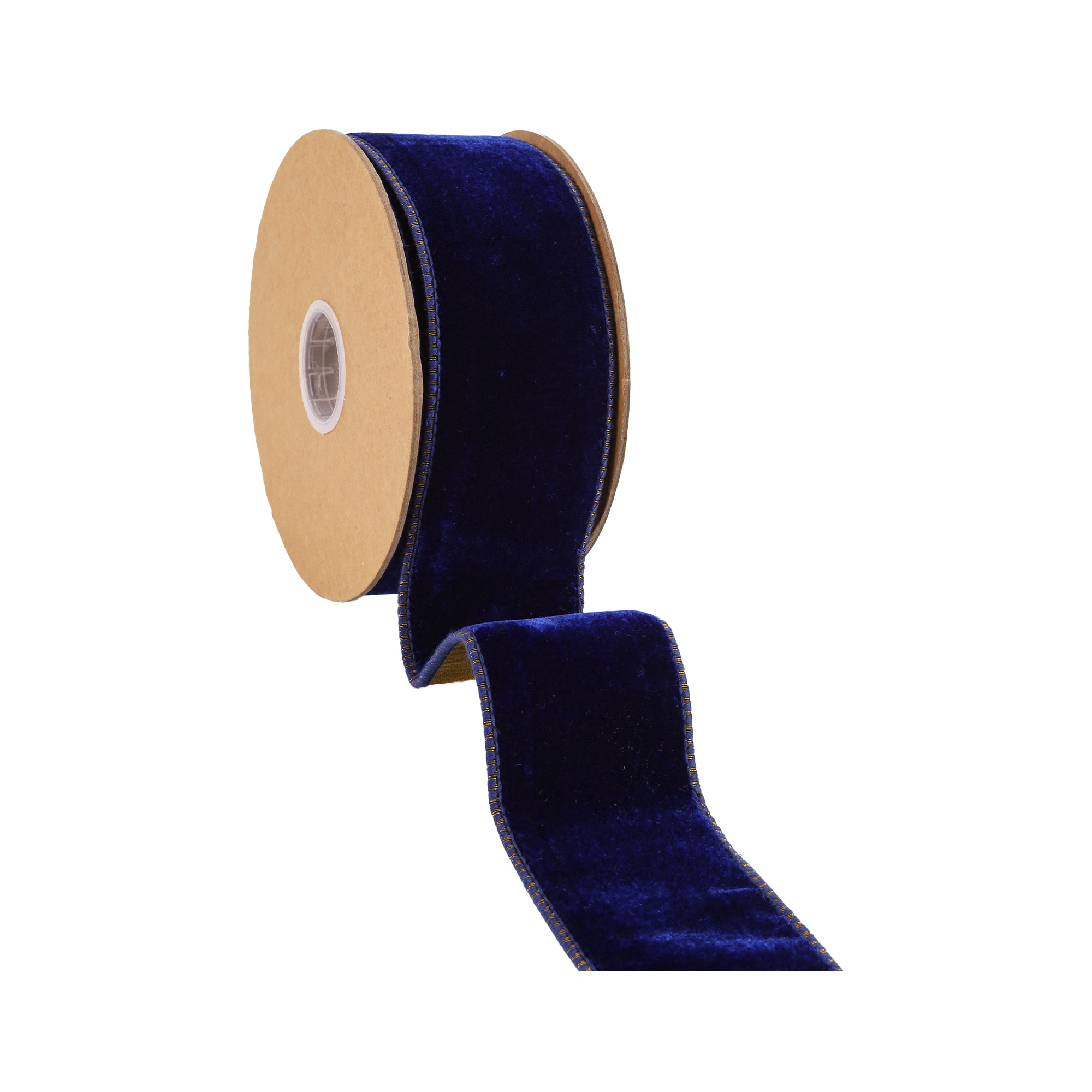 LaRibbons 2 1/2" Wired Premium Velvet Ribbon with Tissue Back, Blue/Gold, 10 Yard Roll