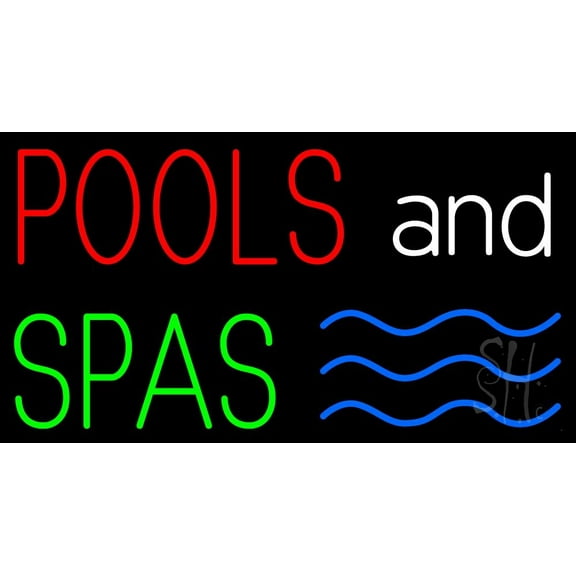 Pools And Spas LED Neon Sign 13 x 24 - inches, Black Square Cut Acrylic Backing, with Dimmer - Bright and Premium built indoor LED Neon Sign for Spa interior decor and storefront.