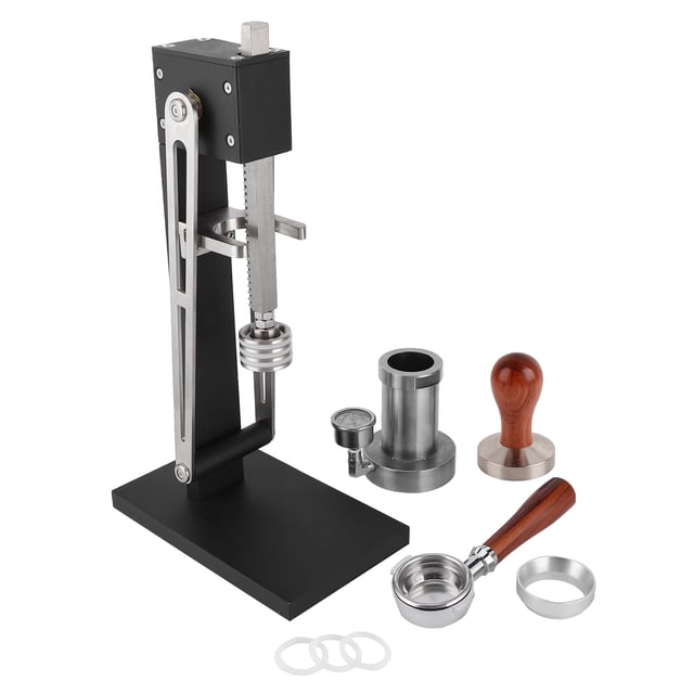 prensa de café manual, cafetera con palanca, suministros de cocina para el hogar con manómetro 3/4 frontal de prensa de palanca negra con base rectangular; varilla vertical y contrapeso de acero, cámara de presión de acero inoxidable con manómetro (350 psi), portafiltro desmontable, tamper de mango de madera y arandelas; adecuada para extracción a alta presión y a menudo usada para preparar dosis individuales.